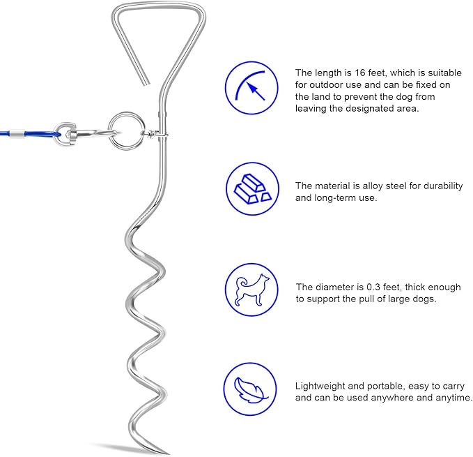 Dog Tie Out Cable and Stake, 40FT Outdoor Dog Leash for Yard Training, Running, Hiking,Camping,with 16 Inch Heavy Duty Dog Anchor Spiral Stake for Small to Medium Dogs(Blue)