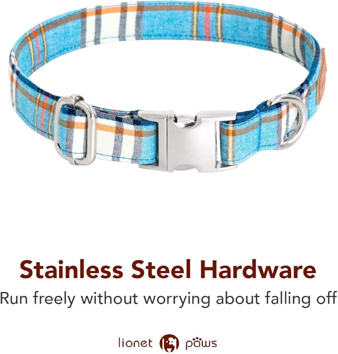 Lionet Paws Boy Dog Collar with Bowtie, Comfortable Adjustable Cute Blue Plaid Bow Tie Collar for Male Dogs Gift, Large, Neck 16-24 inches
