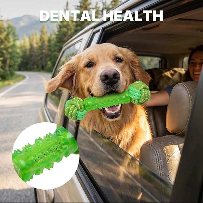 Dog Bone Chew Toy with Rope Ball - Tough Dog Toys with Textured Body for Teeth Cleaning, Dental Chew Toy for Small, Medium and Large Dogs, Green