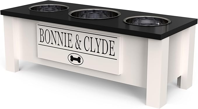 GTW Personalized Elevated Triple Dog Bowl Stand for Large, Medium, Small, X-Small Dogs - 3 Stainless Steel Food and Water Bowls - Raised Dog Dish Internal Storage (Medium, Black)