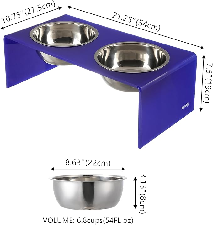 The LICKER Store DBL2001F Keaton 7.5" Medium/Large Modern Acrylic Rectangular Elevated Pet Feeder with 54oz 2-Stainless Steel Bowls, Purple/Chrome
