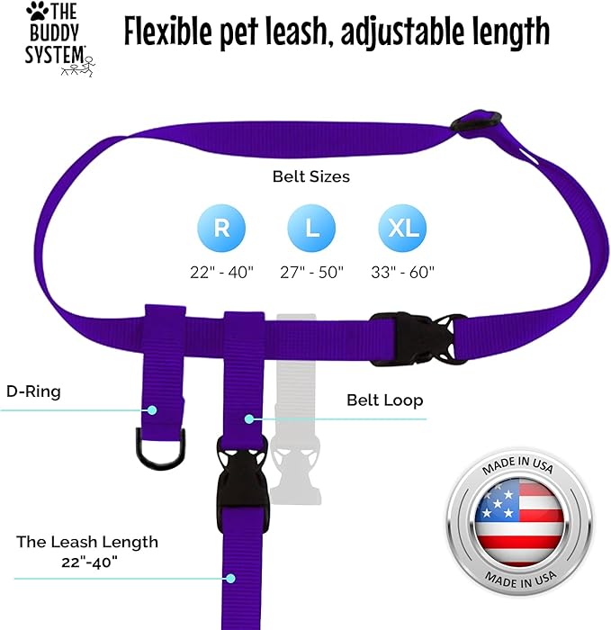 The Buddy System Hands Free Dog Leash, Adjustable Leash for Running, Jogging, Training and Service Dogs, Great for Small, Medium and Large Dogs, Made in USA (Purple, Large Belt (27"- 50" Waist))
