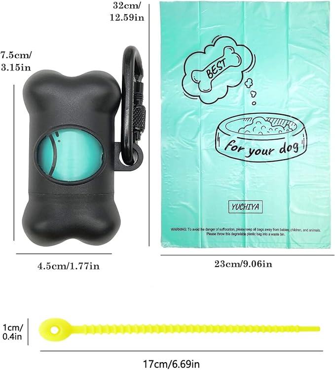 Dog Poop Pickup Bags Holder Dispenser with Standard-Sized Leak-Proof Scented Doggy Waste Bags and Carabiner with Safety Lock&Fastener Never Loose on Leash Lead Again (1 Holder 15 Bags, Black)