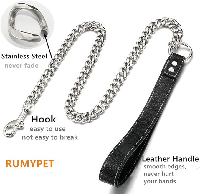 Silver Chain Dog Leash 15MM Solid Chew Proof 316L Stainless Steel Cuban Link Chain with Genuine Leather Handle Training Walking 3FT/4FT/5FT for Small Medium Large Dogs(15mm,3ft)…