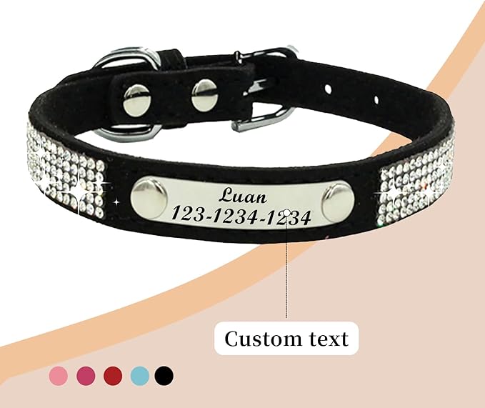 Personalized Dog Collar with Rhinestone Name Tag - Glitter Polyester Collar Adjustable [Black，M]