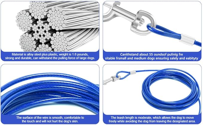 Dog Tie Out Cable and Stake, 40FT Outdoor Dog Leash for Yard Training, Running, Hiking,Camping,with 16 Inch Heavy Duty Dog Anchor Spiral Stake for Small to Medium Dogs(Blue)