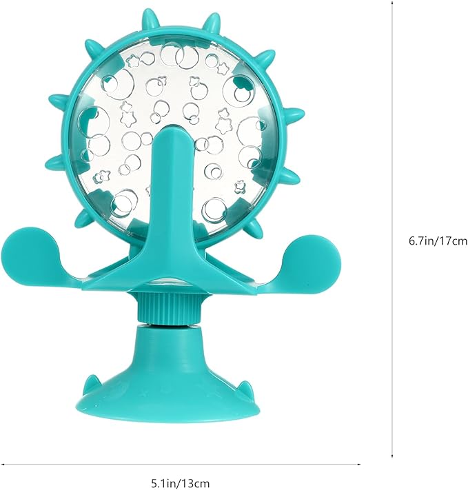 Windmill Cat Treat Dispenser Toy : 360 Degree Rotating Cat Treat Feeder with Suction Cup for Puppies Kitten, 5.11X1.57X6.68in (Blue)