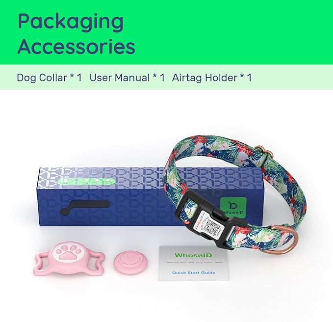 WhoseID Airtag Dog Collar,with Waterproof airtag Holder，Original Stylish Cute Pattern Design.QR Code ID Buckle，Comfortable Soft Cotton for Small Medium Large Dogs