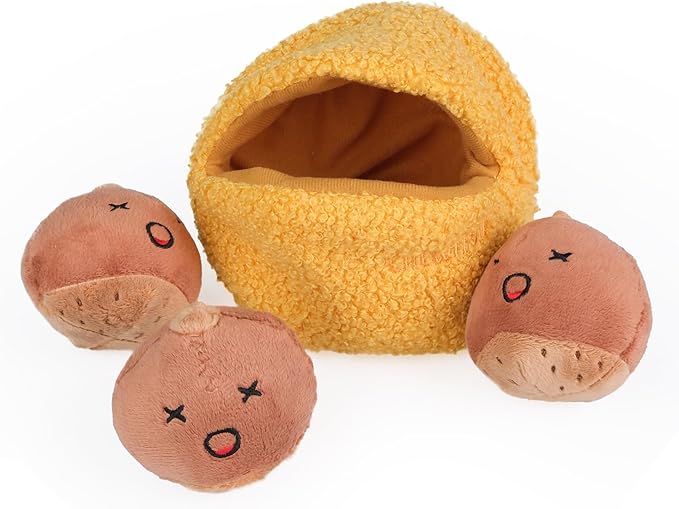 CHEWFFON Interactive Hide-and-Seek Burrow Toys, Dog Toys for Boredom, Cute Squeaky Plush Toy, Dog Toys for Small Medium and Large Dogs, Crinkle Snuffle Puzzle Toy-Chestnuts 4 Piece Set