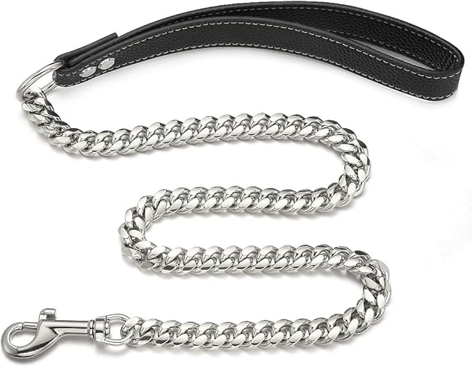 3FT/4FT/5FT Heavy Duty Silver Dog Chain Leash 14MM Stainless Steel Miami Cuban Link Chain with Durable Genuine Leather Handle for Training Walking(14mm,3ft)…