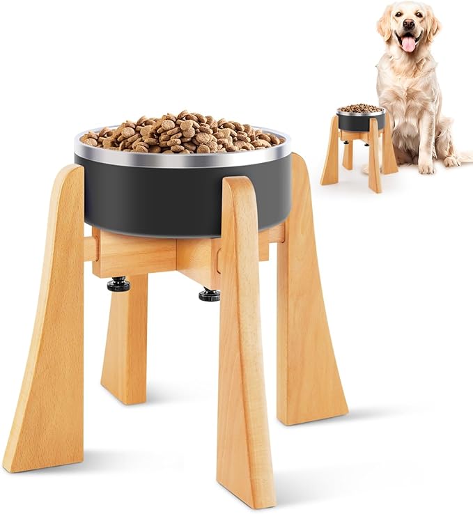 Elevated Dog Bowl - Nature Beech Wood Stand 10-inch High Neck-Protecting Raised Stand with Stainless Steel Bowl for Medium & Large Sized Dog Non Toxic Pet-Friendly Feeder