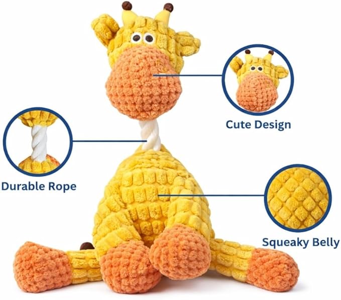 Dog Squeaky Plush Toy with Rope - Durable Stuffed Dog Toy with Built-in Squeaker, Interactive Chew Toy for Small, Medium & Large Dogs (Orange Giraffe)