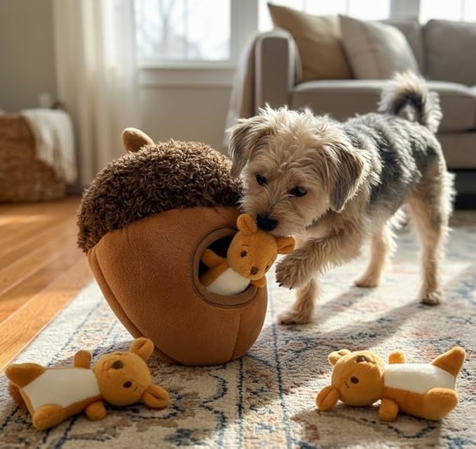 MODERN WAVE - Interactive Squeaky Plush Hide and Seek Squirrel Type Puzzle Toy for Dogs, Medium Size (Acorn and Squirrels)