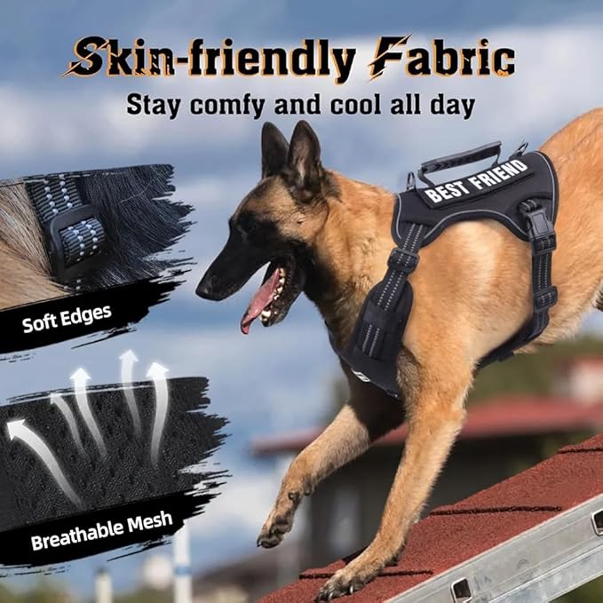 Tactical Dog Harness with Leash for Large Dogs, No Pull Adjustable Dog Harness, Reflective K9 Working Pet Vest for Walking, Training (Black, XL)