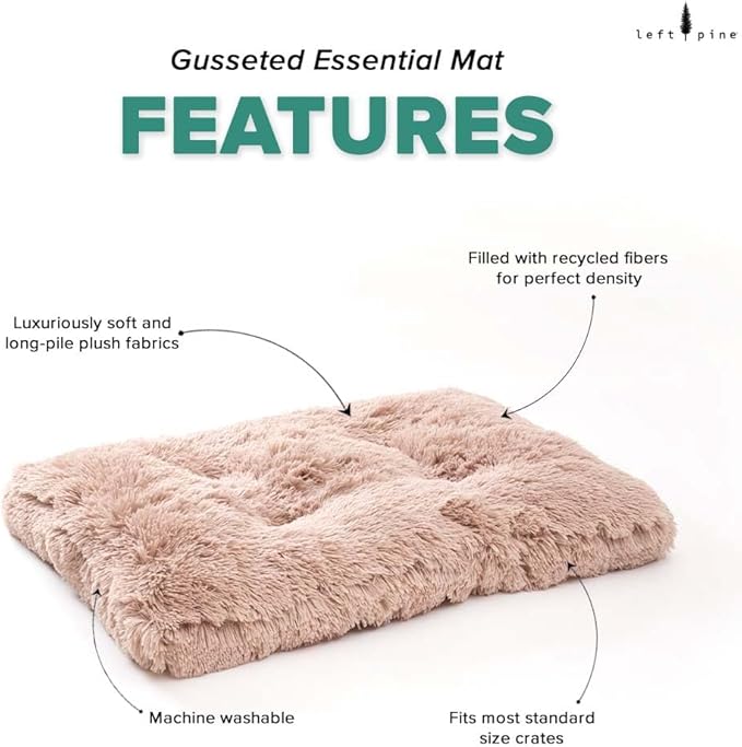 Gusseted Essential Dog Mat, Plush Pet Bed - Deluxe Sleeping Mat for Medium & Large Dogs - Fluffy, Recycled Fiber Filling, Machine Washable, Fits in Crate (Shaggy Tan, Medium)