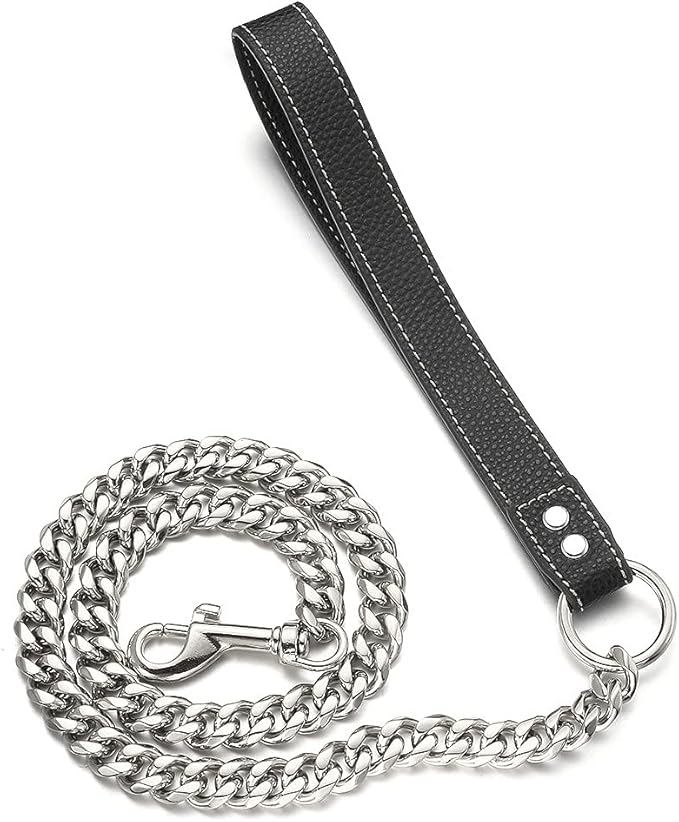 Silver Chain Dog Leash 15MM Solid Chew Proof 316L Stainless Steel Cuban Link Chain with Genuine Leather Handle Training Walking 3FT/4FT/5FT for Small Medium Large Dogs(15mm,4ft)…
