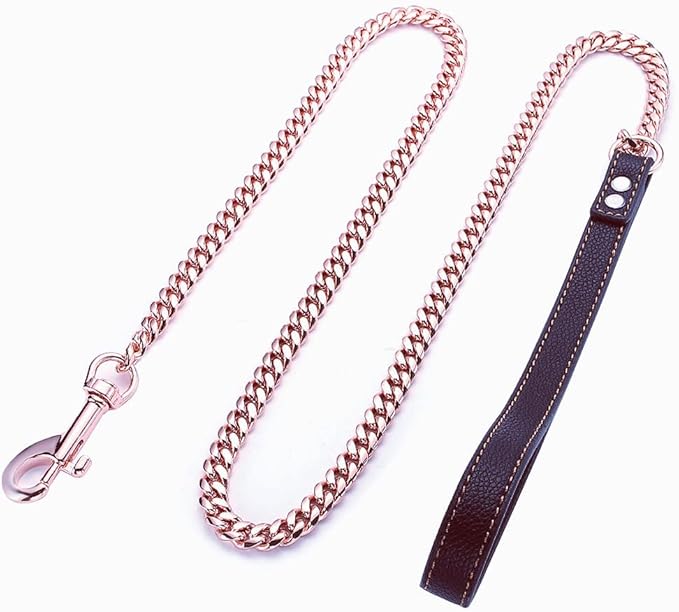 Rose Gold Dog Chain Leash 10MM 14MM Curb Cuban Link Chain Dog Leash Strong Chew Proof Stainless Steel Leash 3FT/4FT/5FT for Small Medium Large Dogs(10mm,5ft)…