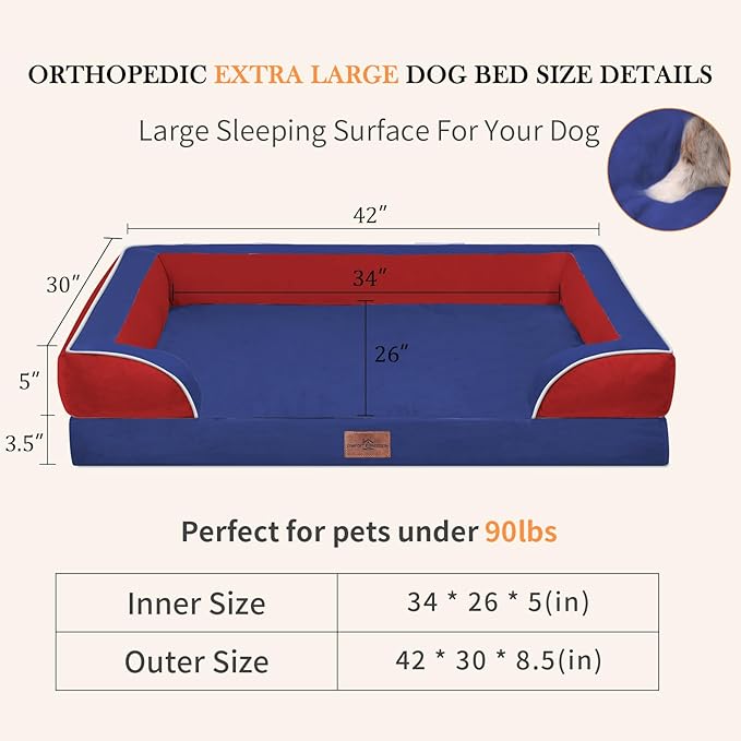 Comfort Expression Orthopedic Dog Bed for Extra Large Dogs 42x30 Inch, Waterproof Egg Crate Foam XL Pet Bed with Removable Bolsters, Dog Couch with Washable Cover & Non-Slip Bottom, Classic Tri-Color
