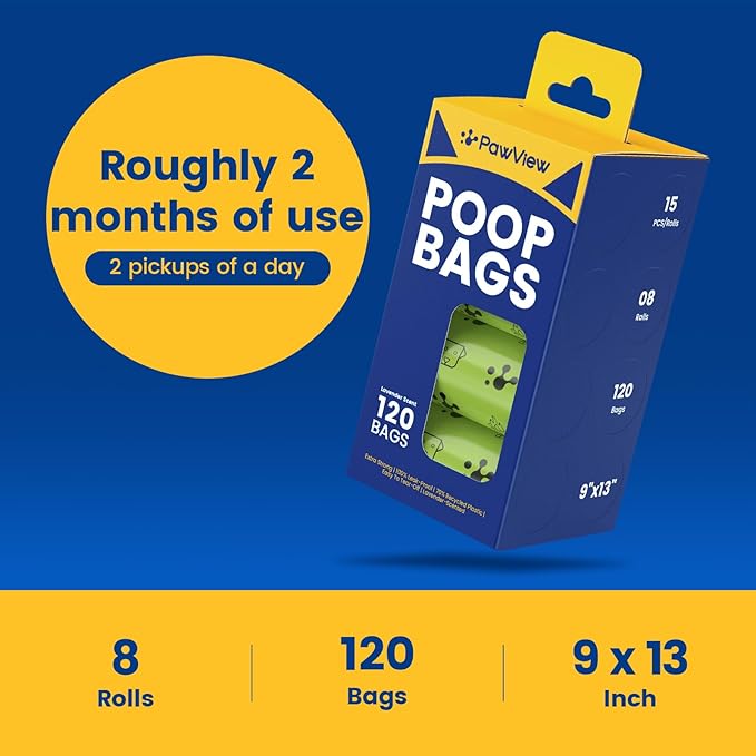 Dog Poop Bags Rolls, Extra Thick & Leak-Proof Doggie Bags, Lavender Scented Pet Waste Bags Made from 70% Certified Recycled Plastic, Easy Tear & Open Poop Bags for Dog Walking, 8 Rolls (120 Count)