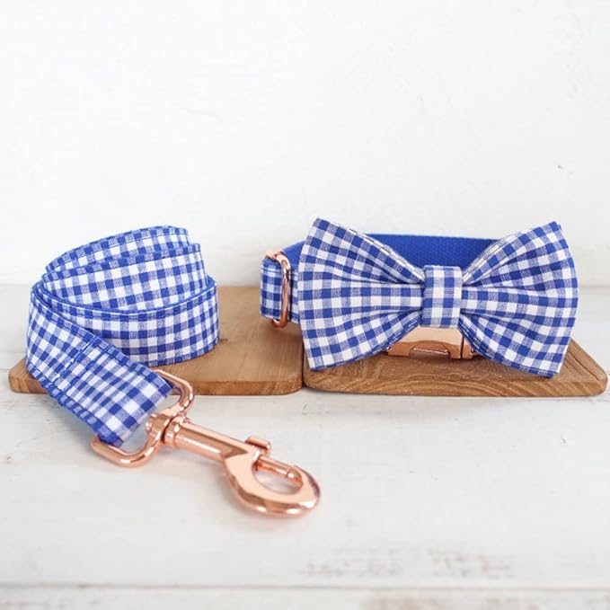PETDURO Personalized Gingham Plaid Dog Collar Blue - Engraved Name and Phone Number on Rose Gold Metal Buckle - Custom for Small Medium Large Boy Girl Dogs - Add Leash Bow Tie via Customize Now