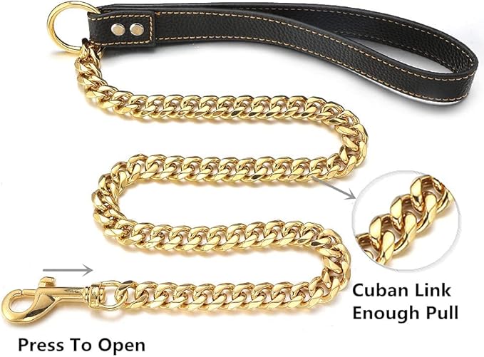 18K Gold Dog Chain Leash 15MM Solid Chew Proof 316L Stainless Steel Cuban Link Chain with Smooth Leather Handle Beautiful Leash for Walking Training 3FT/4FT/5FT(15mm,4ft)…