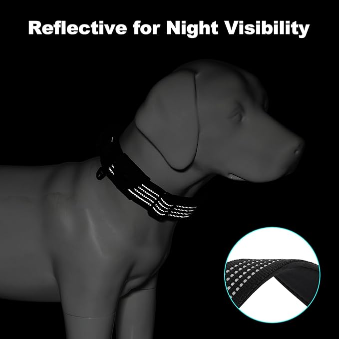 Plutus Pet Tactical Dog Collar with Tracker Pocket for AirTag, Adjustable Reflective Nylon Collar, Metal Buckle, Leather-Wrapped Handle, Soft Padded for Medium Large Dogs (Black, M)