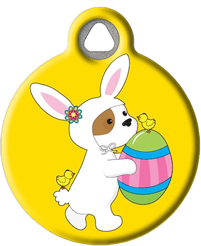 Dog Tag Art Easter Puppy with Egg Personalized Pet ID Tag for Dogs, Silent Polymer Coated Stainless Steel Nametag with Personalized Identification Information - Large 1.25" Diameter