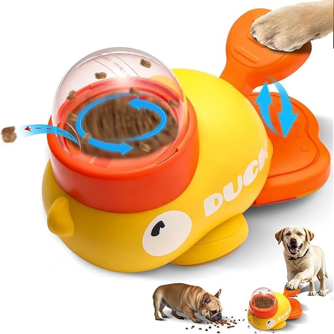 Duck Pet Feeder for Dogs with 3 Lids, Yellow Duck Treat Dispenser Interactive Puzzle Feeder for Dog Cat, Durable Anti-Gulping Slow Feeding Enrichment for Small Medium Pets (Yellow, 1PC)