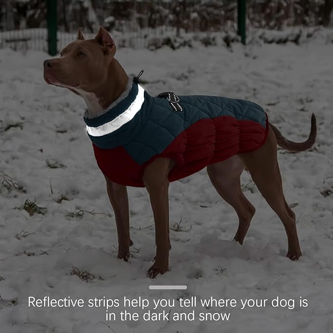 FUAMEY Dog Coat for Large Dogs,Waterproof Dog Winter Jacket with Harness Built in Puppy Cold Weather Coats Reflective Pet Vest with Zipper Warm Fleece Dogs Snowsuit Windproof Dark Blue XXL