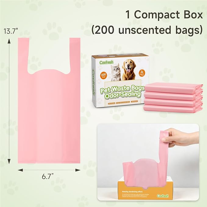 Odor-Sealing Dog Poop Bags with Handles 200 Count Pet Waste Bags, Large Capacity & Unscented Poop Bags for Dogs or Cat Litter, Conceals Smell & Mess (White)
