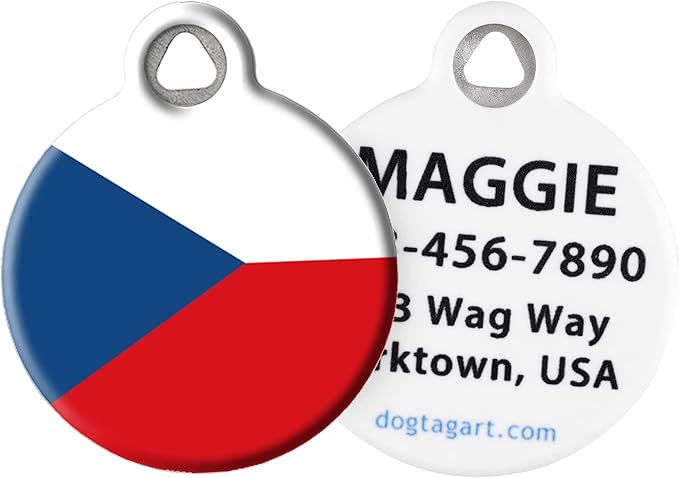 Dog Tag Art Czech Republic Personalized Pet ID Tag for Dogs and Cats, Silent Polymer Coated Stainless Steel Czechia Flag Nametag with Customized Identification Information - Large 1.25 Diameter