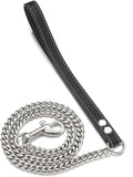 3FT/4FT/5FT Heavy Duty Silver Dog Chain Leash 10MM Stainless Steel Miami Cuban Link Chain with Durable Genuine Leather Handle for Training Walking(10mm,4ft)…