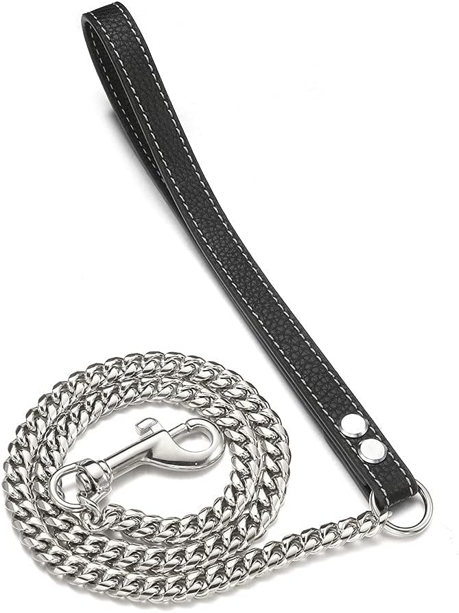 3FT/4FT/5FT Heavy Duty Silver Dog Chain Leash 10MM Stainless Steel Miami Cuban Link Chain with Durable Genuine Leather Handle for Training Walking(10mm,4ft)…