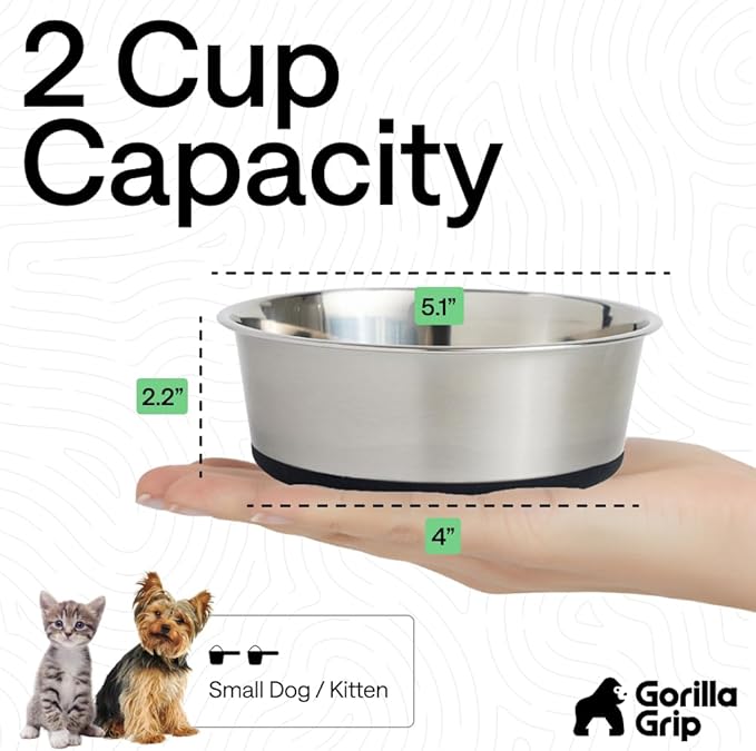 GORILLA GRIP Dog Bowls, Heavy Duty 304 Stainless Steel, Holds 2 Cups Each (16 fl oz) Food and Water Bowl for Feeding Dogs and Cats, Dishwasher Safe, Rust Resistant, BPA Free Rubber Base Set of 2 Black