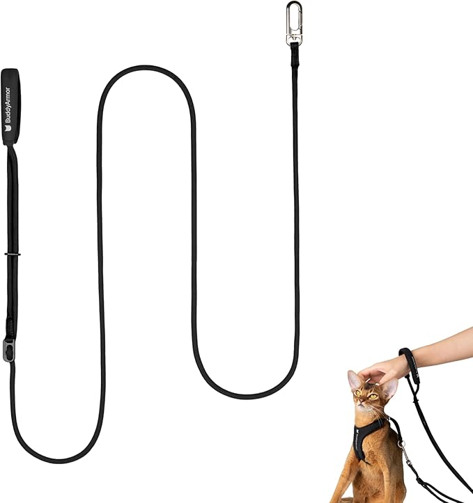 Hands Free Cat Leash Lightweight 4.1-7.2FT Adjustable Durable Rope Leash with Padded Handle, Versatile Crossbody Waist Lead for Cats Puppy ≤26lbs Outdoor Walking (Black, S)