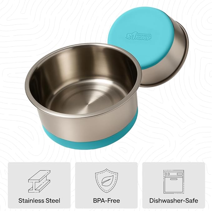 GORILLA GRIP Dog Bowls, Heavy Duty 304 Stainless Steel Holds 8 Cups Each (64 fl oz) Food and Water Bowl for Feeding Dogs and Cats Dishwasher Safe Rust Resistant BPA Free Rubber Base Set of 2 Turquoise