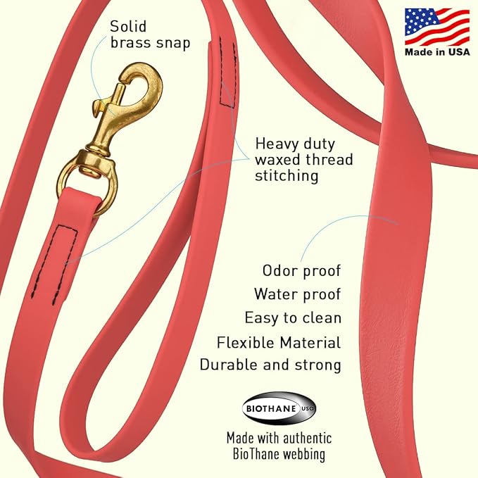 Viper K9 Biothane Working Dog Leash Waterproof Lead for Tracking Training Schutzhund Dog Sport & Search - Odor-Proof Long Line with Solid Brass Snap for Puppy Medium and Large 3/4" x 20ft Coral