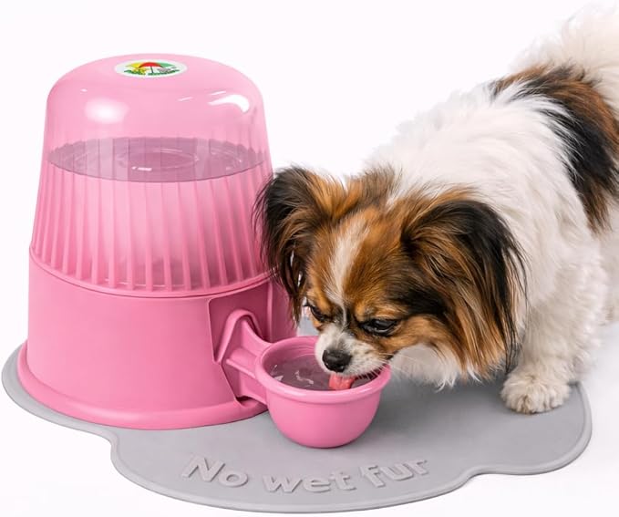 No Spill Pet Water Dispenser for Dogs and Cats, 67.6oz Gravity-Fed Water Bowl with Slow Drinking Design to Prevent Wet Fur, BPA-Free Polypropylene, Vida Mansa (Clear Pink)