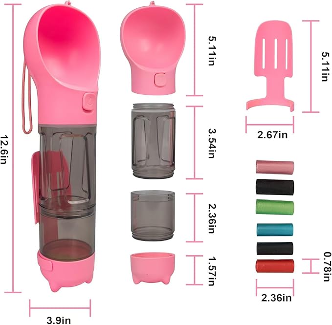 Dog Water Bottle Cup Bag - Portable Dispenser Bottles and Bowl Food for Dogs - Travel Container Pet - Small Dog Poop Bags Roll - 4 in 1-8 Rolls Puppy Poop Bags