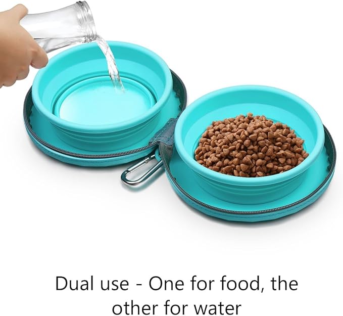 KALLAK Collapsible Silicone Twin Bowls with Zipper Silicone Case, 2 in 1 Portable Travel Dog Feeder, Pop Out Non-Skid Food and Water Bowl with Carabiner Clip