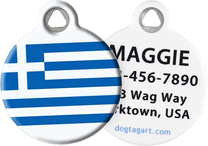 Dog Tag Art Greek Flag Personalized Pet ID Tag for Dogs and Cats, Silent Polymer Coated Flag of Greece Dog Tag with Customized Identification Information - Small .875" Diameter