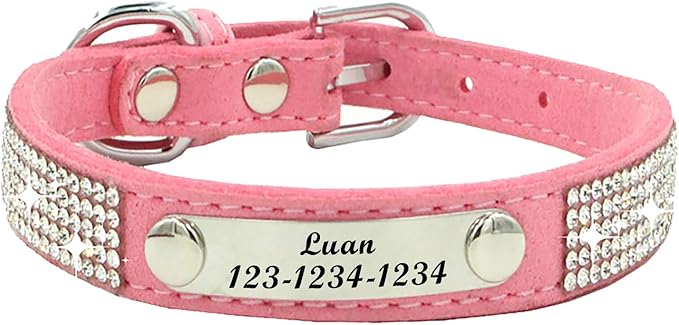 Personalized Dog Collar with Rhinestone Name Tag - Glitter Polyester Collar Adjustable [Pink，S]