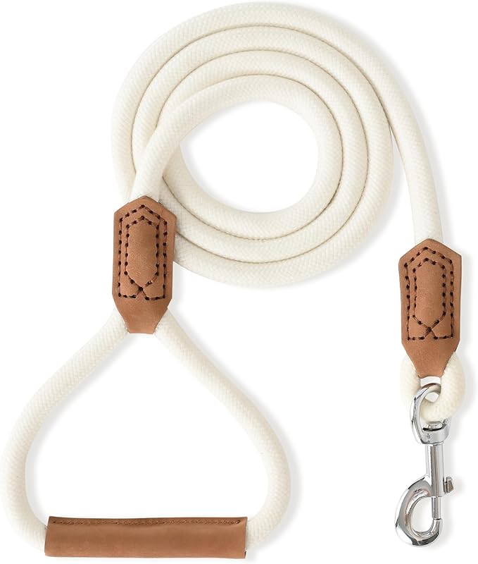 Mile High Life Leather Dog Leash, Heavy Duty Strong Genuine Leather Handle Rope Leash Soft and Comfortable for Small Medium Large Dogs (Cream White, 48 Inch)