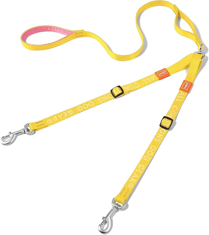 HOWGO Double Dog Leash, No Tangle 360° Swivel, Adjustable Two Padded Handles, Double Clip Dog Leash Coupler Splitter for 0~50 lbs Small and Medium Breeds (Yellow, 2/3'' x 4.8 FT, Ultralight)