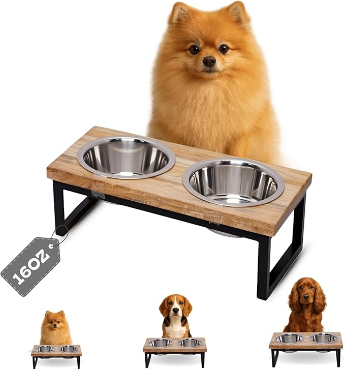 Elevated Dog Bowls, Small 4 Height Mango Wood Raised Dogs Bowl Stand Iron Frame with 16oz 2 Pcs Stainless Steel Pet Dishes | Food & Water 2Cup, 0.47L Capacity Nonslip Cats Feeding Station