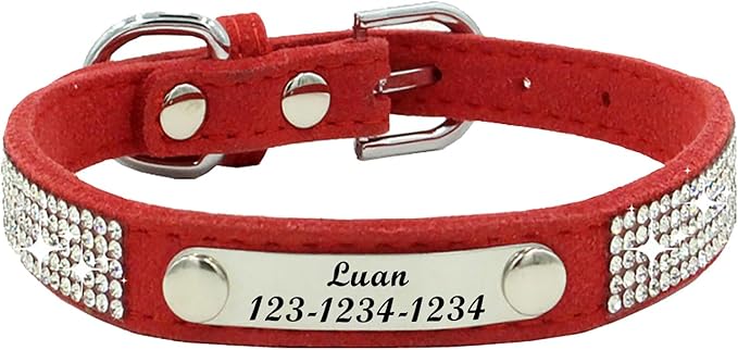 Personalized Dog Collar with Rhinestone Name Tag - Glitter Polyester Collar Adjustable [Red, XS]