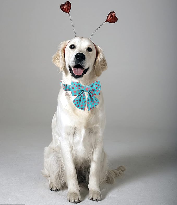 DOGWONG Valentine's Dog Collar with Sailor Bowtie - Blue Heart Adjustable Cotton Heart Dog Collar - Perfect for Small, Medium, Large Dogs