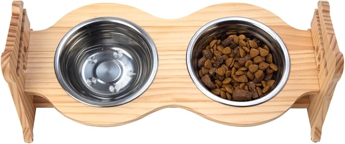 Creative Hobbies Raised Pet Bowls for Cats and Dogs - Bamboo Adjustable Elevated Stand with 2 Stainless Steel Bowls | Anti-Slip Grip, 4 Inches Tall