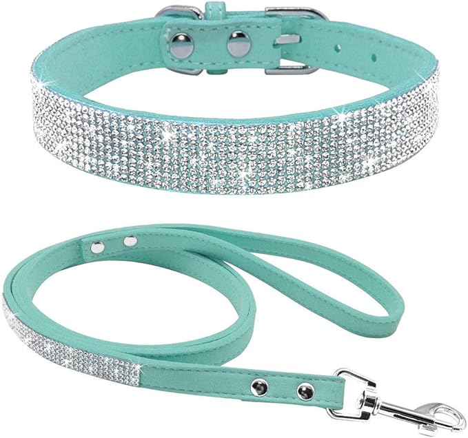 Cute Dazzling Sparkling Elegant Fancy Soft Suede Leather Bling Rhinestone Crystal Jeweled Pet Cat Dog Puppy Collar Dog Leash Combo Set (L(Neck 15-18"), Light Blue)