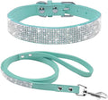 Cute Dazzling Sparkling Elegant Fancy Soft Suede Leather Bling Rhinestone Crystal Jeweled Pet Cat Dog Puppy Collar Dog Leash Combo Set (L(Neck 15-18"), Light Blue)